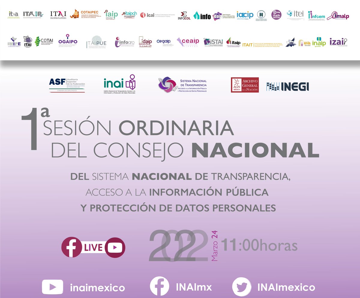 El Consejo Nacional del #SNT realizará su Primera Sesión Ordinaria del 2022. #MéxicoTransparente

🗓️Jueves 24 de marzo
⏰A partir de las 11:00 hrs.
📹Sigue la transmisión en vivo por las redes sociales del <a href="/INAImexico/">INAI</a>