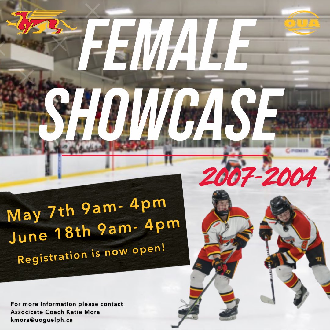 🚨Registration is OPEN🚨

Hockey players born between 07-04, come out to the University of Guelph women’s hockey team showcase! Join us on May 7th or June 18th from 9am-4pm. Sign up today! Use the link below:

ca.apm.activecommunities.com/uofg/Activity_…

#Gryphons #GryphonPride #GryphonHockey