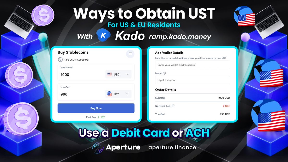 ApertureFinance's tweet photo. 🙌 Getting started with https://t.co/6kfD2PJ3Kn is easy with @kado_money’s simple $UST on-ramping. Kado is an official UST on-ramp partner of https://t.co/6kfD2PJ3Kn 👀 https://t.co/rATDg4tQlj