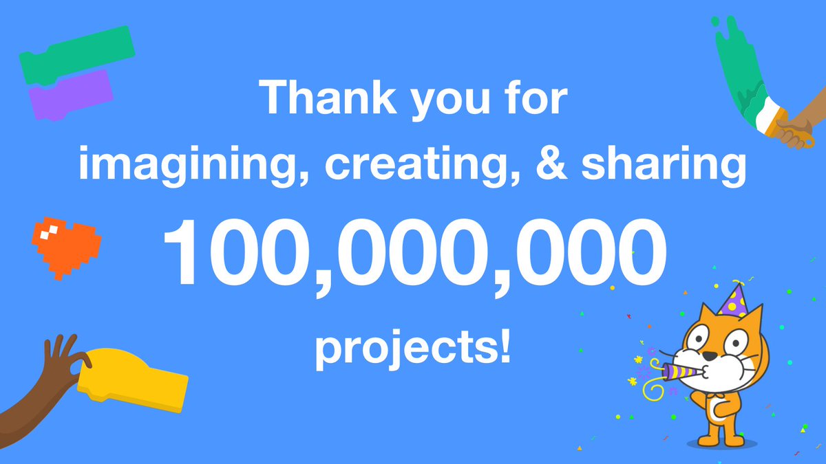 100 Million Projects shared on Scratch! 🥳Thank you for making this milestone happen! We’re so inspired by all the creative, unique projects Scratchers share, and we're committed to providing even more creative coding opportunities for kids around the world.🌏