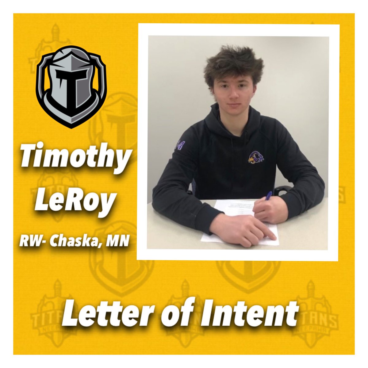 MJHLTitans's tweet photo. 🚨 Signing 🚨 The Titans are excited to announce that @TimmyLeRoy1 has signed a letter of intent for the 2022-23 season. Tim spent last season with the @CHSboyshockey where he had 8 goals and 6 assists in 28 games. The 6’2 right winger had this to say about choosing the Titans… https://t.co/mzxVeCuh3U