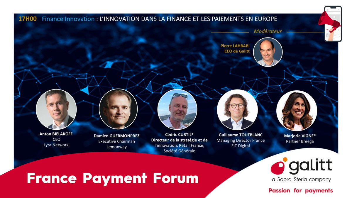 🔔📅 Rendez-vous à 17h00 pour suivre en #Livetweet la table ronde : “L’innovation dans la finance et les paiements en Europe ”🇪🇺
🎤Modérateur : <a href="/lahbabip/">Pierre Lahbabi</a>, CEO de <a href="/Galitt_officiel/">galitt</a> 
👉Organisation : @europlace <a href="/financeinnov/">Finance Innovation</a> #francepaymentforum 

#FPF2022 #Galitt #Paiement #FPF