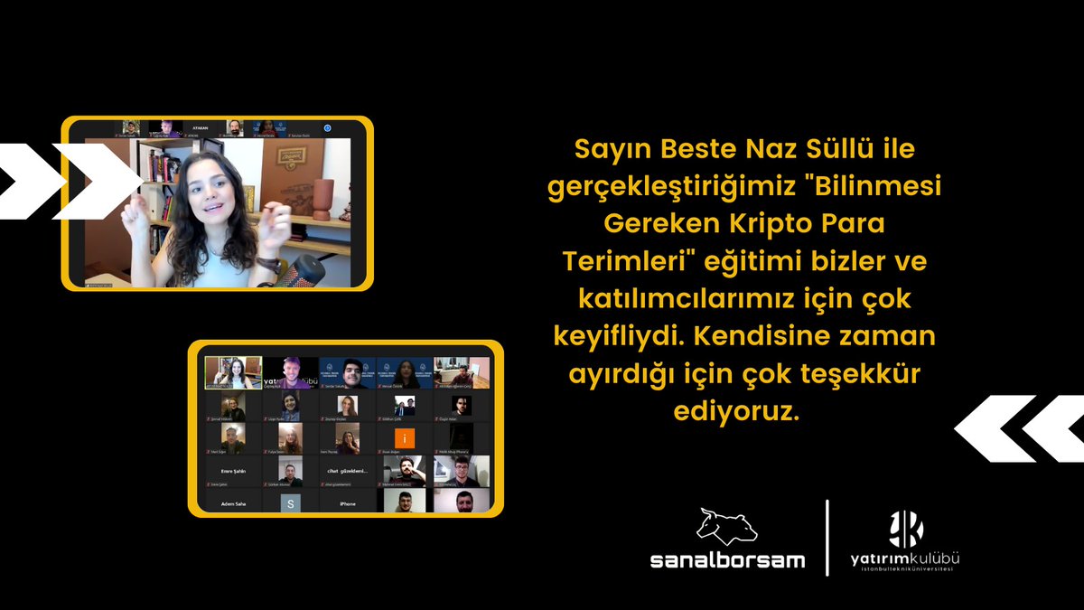 İTÜ Yatırım Kulübü ve SanalBorsam ekibi olarak Beste Naz Süllü'ye güzel anlatımıyla bu akşam bizimle birlikte olduğu için teşekkür ederiz. Bizler için çok keyifli bir etkinlik oldu. Önümüzdeki etkinliklerde görüşmek üzere.

#yatirimkulubu #sanalborsam #yatırımkulübü #itü