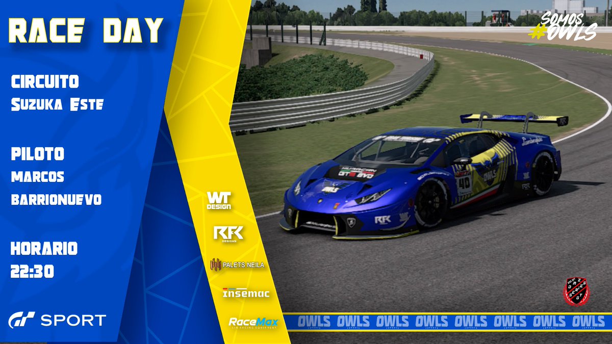 NOCHE DE DMZ 🏁

Llegamos casi al ecuador luchando por el TOP 3.

Y esta noche será <a href="/marcosbarrionu/">marcos barrionuevo</a> quien nos seguira llevando a por la lucha del Campeonato.🦉

🚥 <a href="/DmzSeries/">Campeonatos DMZ Series GT</a> 
📍Suzuka Este
🚙Lamborghini Gt3
⌚22:30
📽¡twitch.tv/dmz_series_gt?…

#SomosOwls #Familia #Insemac #RFK