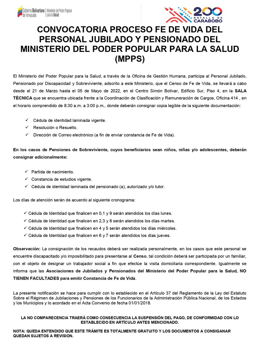 MinSaludVE's tweet photo. El #MPPS a través de la Oficina de Gestión Humana, participa al Personal Jubilado, Pensionado por Discapacidad y Sobreviviente, que el Censo de Fe de Vida, se llevará a cabo desde el 21 de Marzo hasta el 05 de Mayo de 2022, en el Centro Simón Bolívar, Edificio Sur, Piso 4. https://t.co/Cx9kt1kAvX
