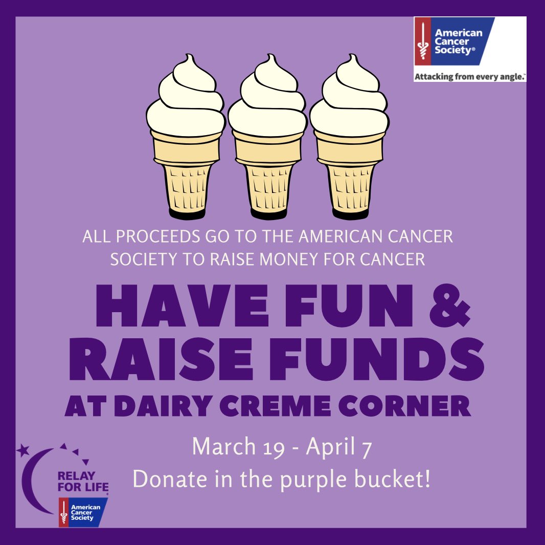 RelayWVUandMON's tweet photo. Head out to the #1 Ice cream in WV March 19 - April 7 &amp; donate in the purple bucket! 💜🎗✨ https://t.co/5VxhMdSDRP