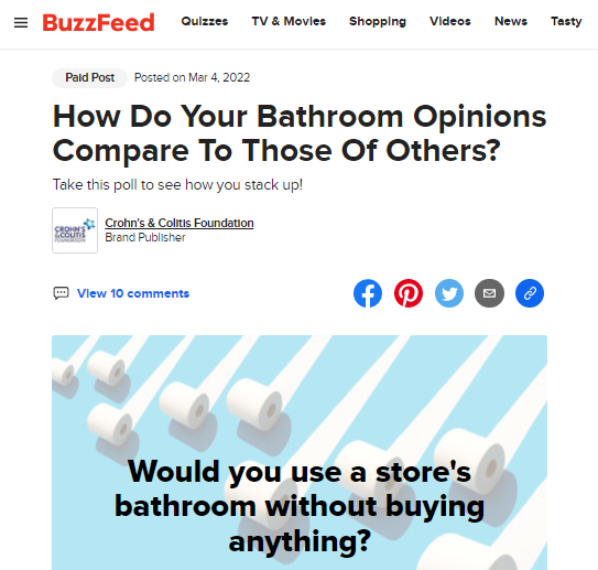 CrohnsColitisFn's tweet photo. How do your bathroom opinions stack up against others? Take this BuzzFeed quiz about our #OpenRestroomsMovement to find out! https://t.co/b7urT3FQHV https://t.co/yTDVZLtoaV