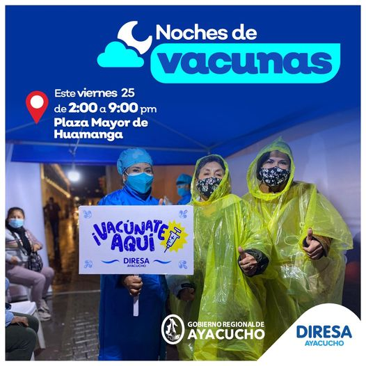DIRESA_Ayacucho's tweet photo. #VacunadosVenceremos
💪🎉 ARRANCAMOS "NOCHE DE VACUNAS"  
Te esperamos este viernes 25 de marzo de 2:00 pm. a 9:00 pm. en la Plaza Mayor de Huamanga.
👉Nuestras brigadas protegen contra la covid-19 a niños de 5 a 11 años, adolescentes de 12 a 17 y población de 18 años a más. https://t.co/mbK5FkJ5Ms