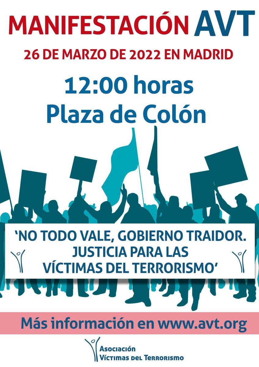 ApfpSorg's tweet photo. El  #26marzo @APFP_ES estará apoyando la manifestación de la @_AVT_ convocada a las 12:00horas en Plaza Colón contra la política @desdelamoncloa  @interiorgob @PSOE

JUSTICIA PARA LAS VÍCTIMAS 
@maitearaluce @MiguelFolguera

#MitrabajoTuseguridad 
#sosprisiones
#YoConAVT26Marzo https://t.co/di0xZFpt2z