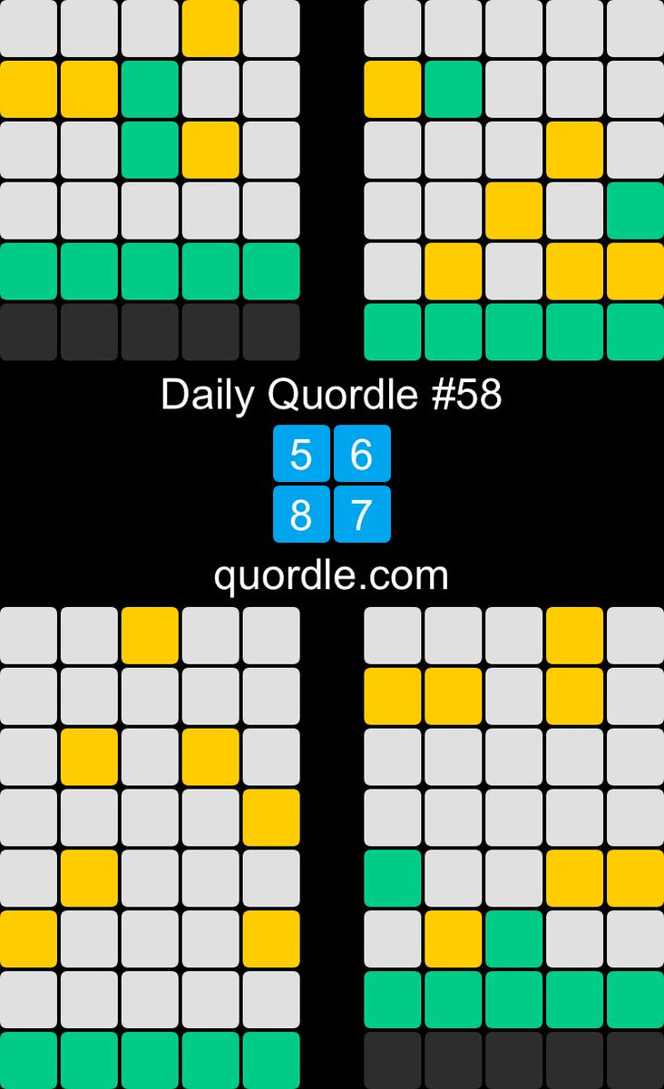 Daily Quordle #58
5️⃣6️⃣
8️⃣7️⃣
quordle.com