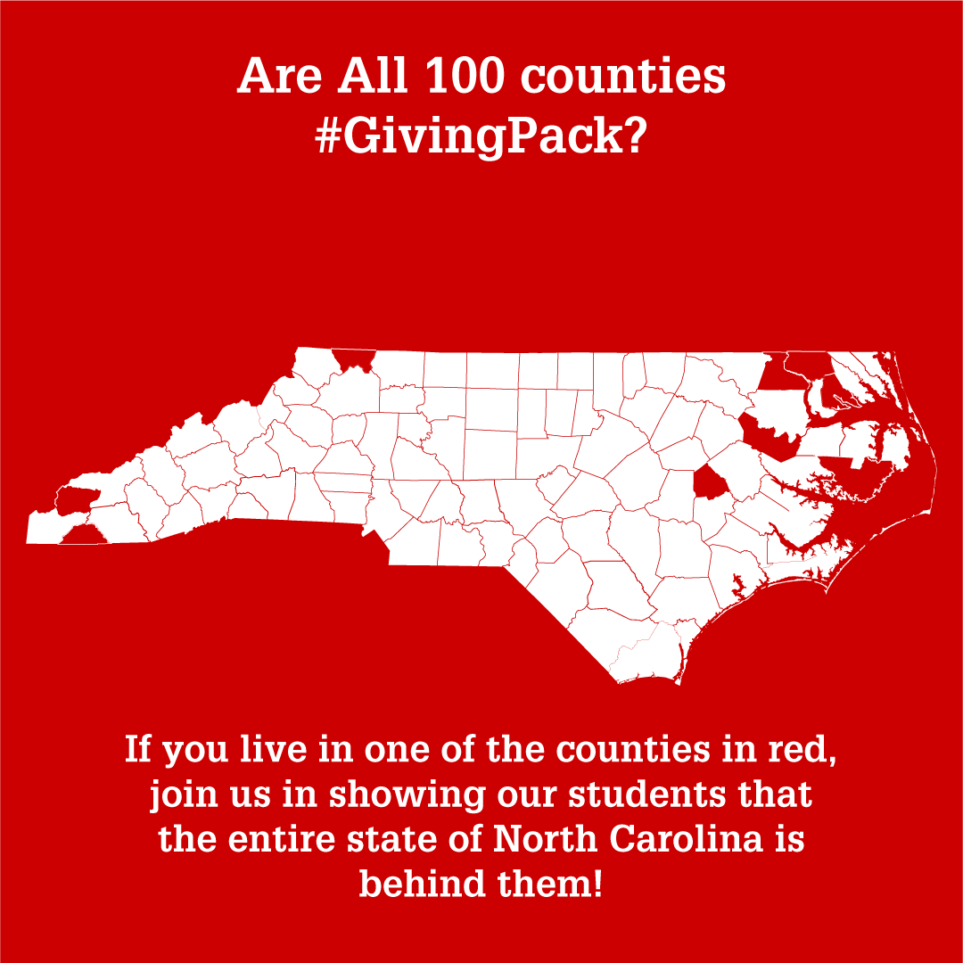 NCState's tweet photo. Calling all members of the Pack in North Carolina! We just need gifts from 9 MORE COUNTIES to hit our goal of all 100.

Know anyone in Alleghany, Clay, Gates, Graham, Greene, Hertford, Hyde, Martin or Perquimans counties? 🤔 Make your gift: https://t.co/L4Cad9bj5L #GivingPack https://t.co/QpkzXmZssh