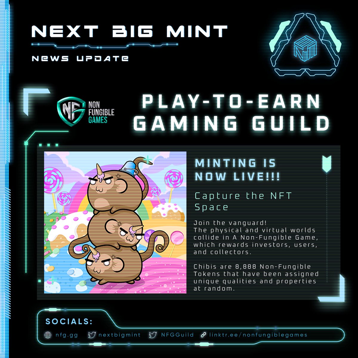nextbigmint's tweet photo. ๐ข MINTING IS NOW LIVE! ๐ข
Join the @NFGGuild vanguard. Physical and virtual worlds collide in a Non-Fungible Game rewards are waiting for you!
๐https://t.co/wVaKgvxcj5
Unique #Chibis of 8,888 are ready to be yours!
#nfg #nextbigmint #nonfungiblegame #nfgguild https://t.co/PFouZun5PW