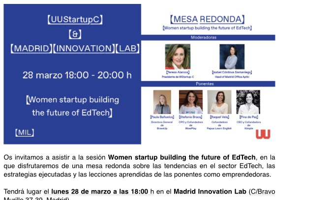 W Startup C (@soydigitalwoman) on Twitter photo La mesa redonda organizada por <a href="/soydigitalwoman/">W Startup C</a> en el #MIL de <a href="/MADRID/">Ayuntamiento Madrid</a> que no os podéis perder. 
📍Madrid Innovation Lab
📅28 de marzo
⌚18:00
Podéis registrar vuestra asistencia en el siguiente enlace: lnkd.in/eSi75HBG 
#MILMadrid #MadridaMIL #eventosMIL #emprendedoras La mesa redonda organizada por <a href="/soydigitalwoman/">W Startup C</a> en el #MIL de <a href="/MADRID/">Ayuntamiento Madrid</a> que no os podéis perder. 
📍Madrid Innovation Lab
📅28 de marzo
⌚18:00
Podéis registrar vuestra asistencia en el siguiente enlace: lnkd.in/eSi75HBG 
#MILMadrid #MadridaMIL #eventosMIL #emprendedoras