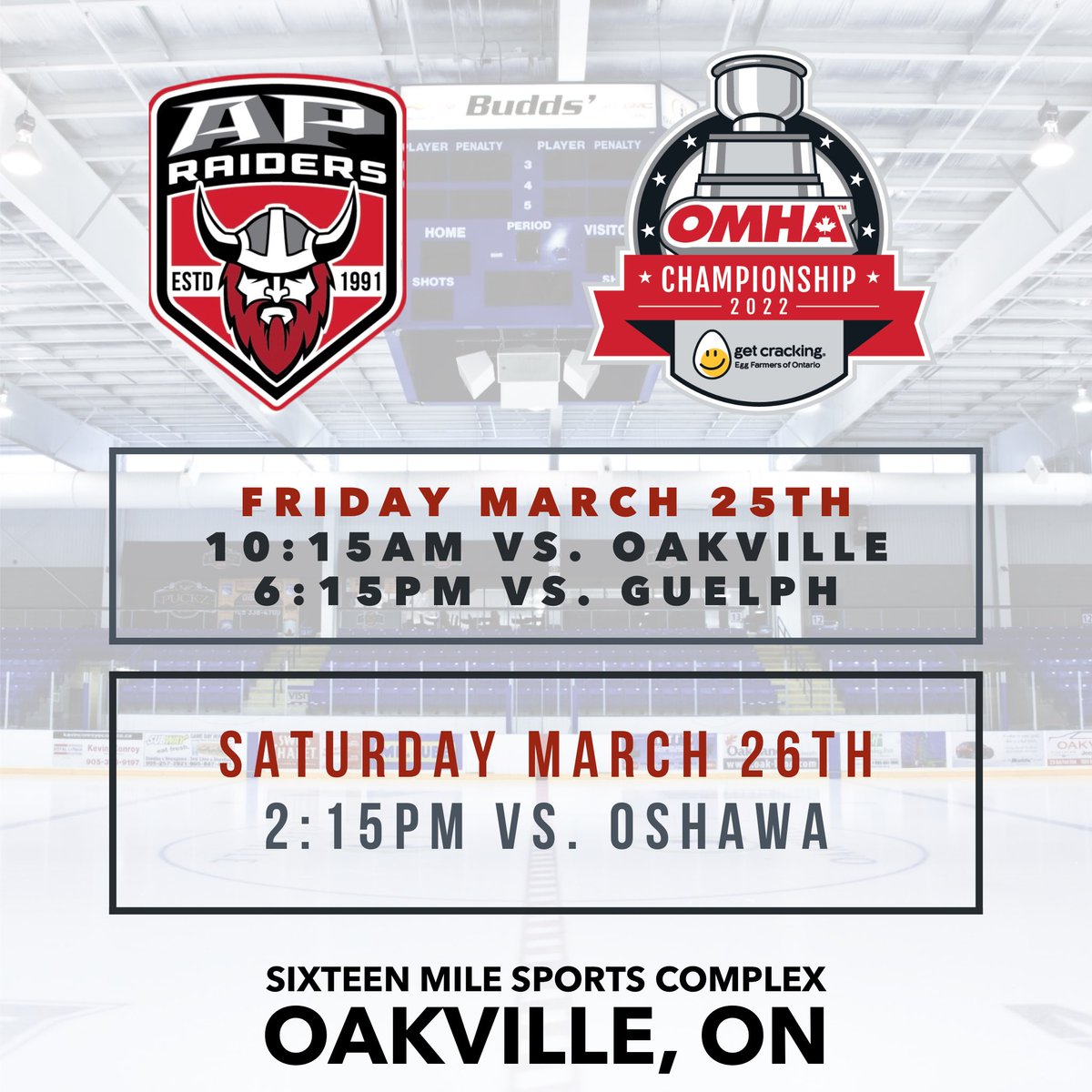 APRaidersU18's tweet photo. Our schedule is all set for the @HometownHockey Championships this weekend in Oakville. Come out and support the boys! #RollRaid https://t.co/Vvh0uMW48Q
