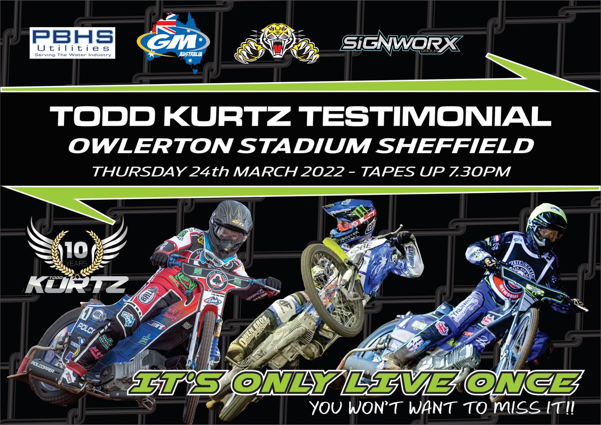 Todd Kurtz (@tkr10) on Twitter photo 𝗝𝗨𝗦𝗧 2️⃣4️⃣ 𝗛𝗢𝗨𝗥𝗦 𝗧𝗢 𝗚𝗢! ☀️
Preparations complete ✅
Track looking good 🤙🏼
Hope to see you all tomorrow night 🔜
🏟 Owlerton Stadium
📅 Thursday March 24 (7.30)
All sponsorship & ticket enquiries:
📧 tktestimonial@outlook.com 𝗝𝗨𝗦𝗧 2️⃣4️⃣ 𝗛𝗢𝗨𝗥𝗦 𝗧𝗢 𝗚𝗢! ☀️
Preparations complete ✅
Track looking good 🤙🏼
Hope to see you all tomorrow night 🔜
🏟 Owlerton Stadium
📅 Thursday March 24 (7.30)
All sponsorship & ticket enquiries:
📧 tktestimonial@outlook.com