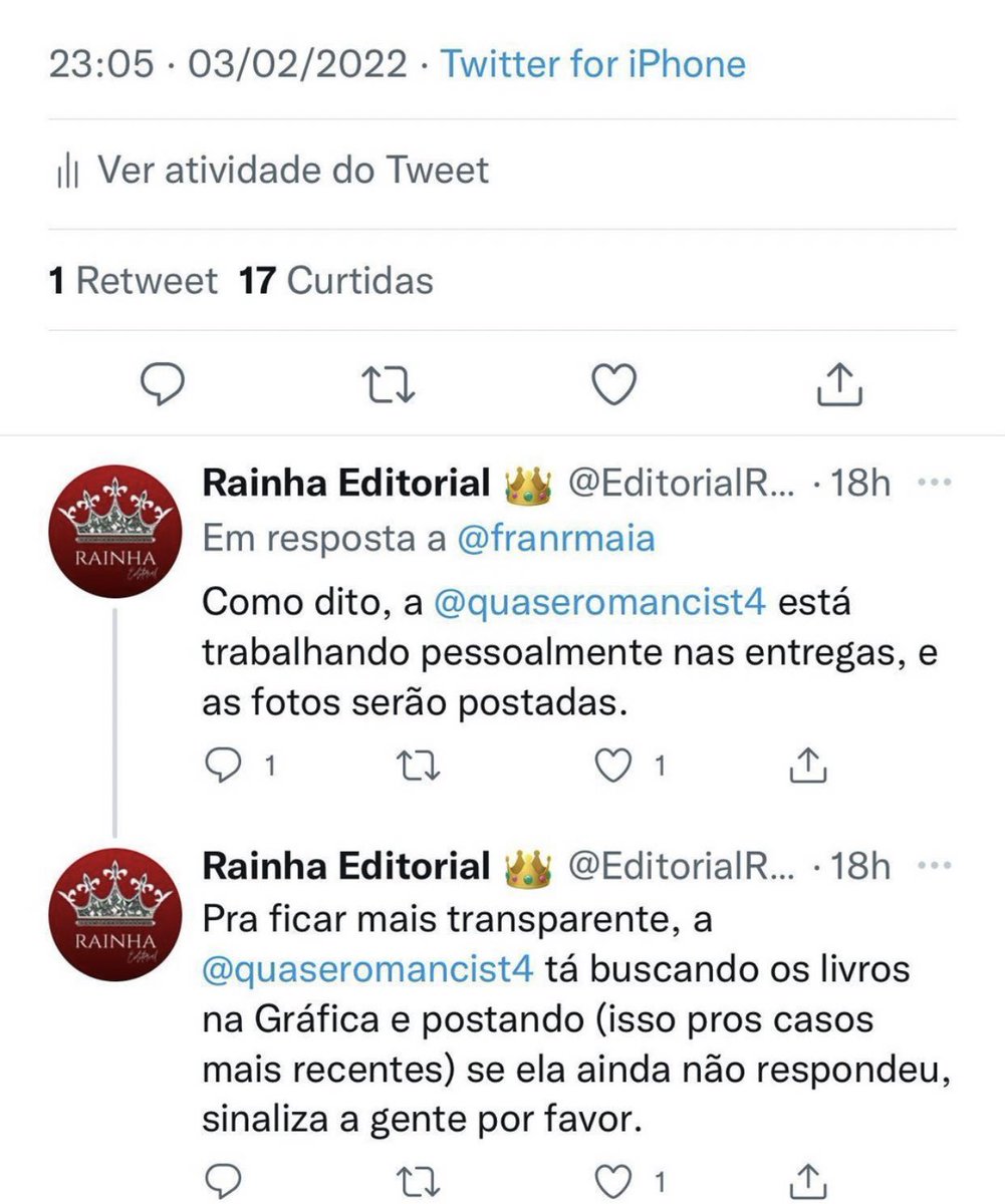 Tem mais de 1 MÊS! CADÊ AS FOTOS? As entregas?????

@EditorialRainha 
@quaseromancist4