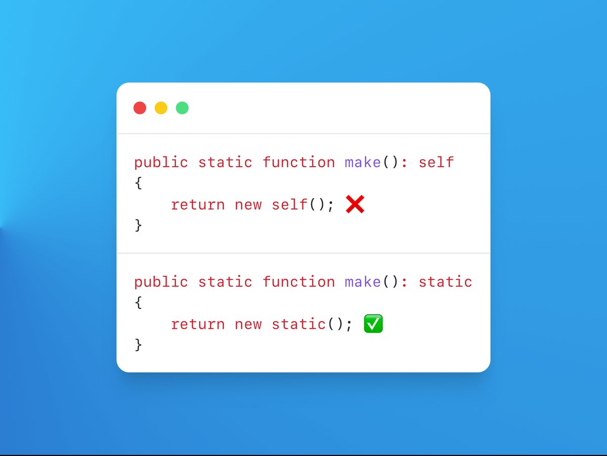 danjharrin's tweet image. PHP package developers - use `static` and not `self` 🚨

`static` is much more useful to users - who can extend classes without altering the constructor.

Also, calling static methods / props using `self` breaks code for users who use extended classes.

geeksforgeeks.org/new-self-vs-ne…