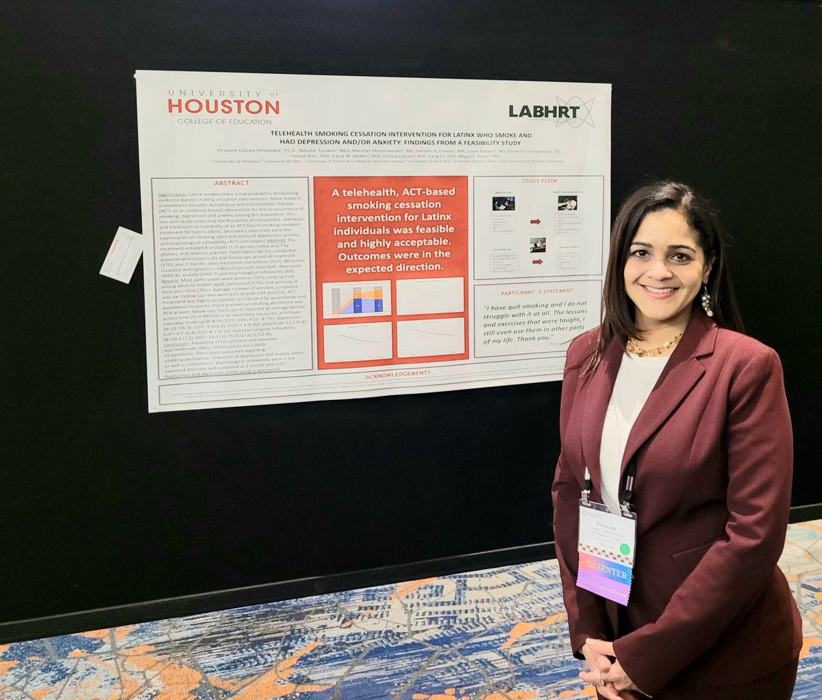 UH_LABHRT's tweet photo. Dr. Correa-Fernandez presented initial findings from Project PRESENT at the Society for Research on Nicotine and Tobacco. Our treatment is helpful to assist Latinx quit smoking!
 #SNRTconference #LABHRT #UniversityofHouston https://t.co/1R49lU2vul