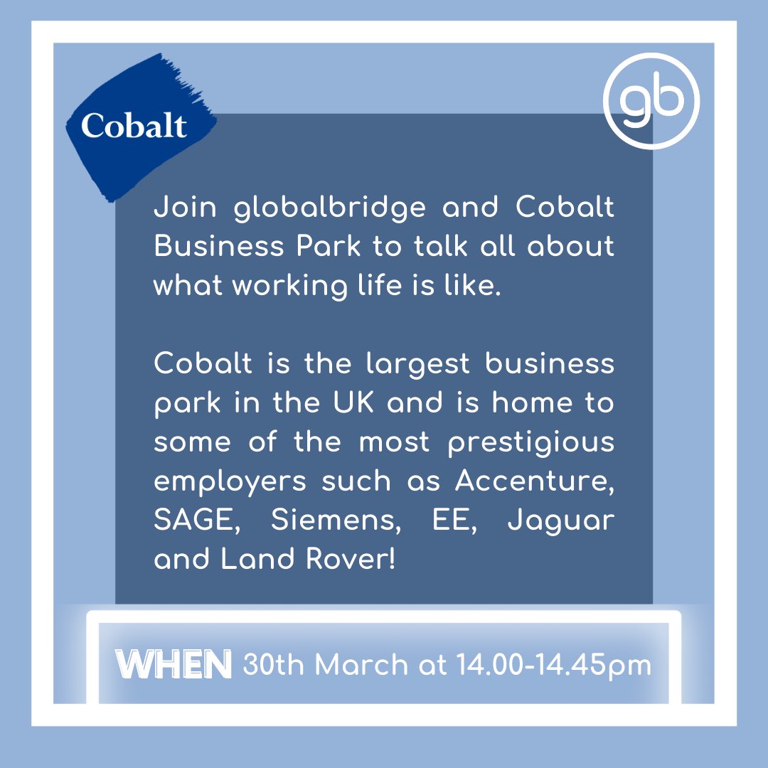 Join us and <a href="/morecobalt/">MORE Cobalt</a> next week where we’ll hear about what working life is like! Cobalt are the largest business park in the UK🌎 #globalbridge #bridgethegap🚀 #engagement #cobaltbusinesspark #workinglife