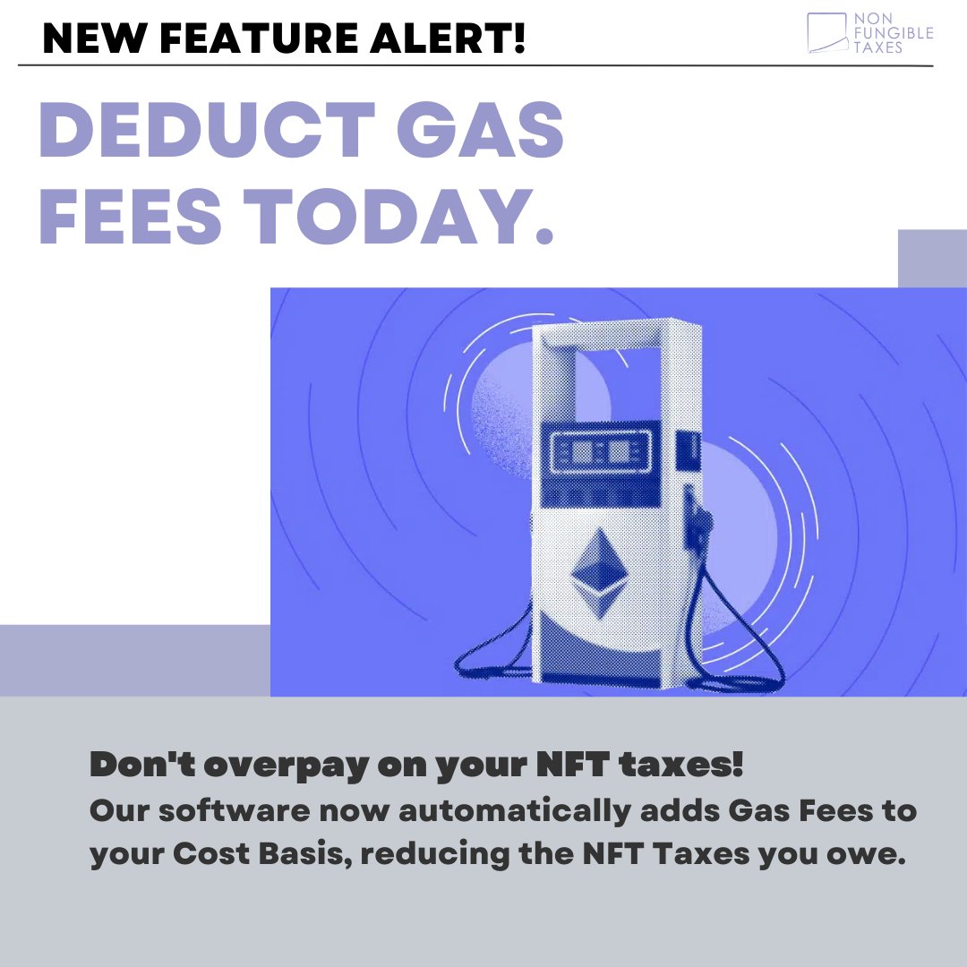 BobCPawA's tweet photo. New feature alert! 🚨

Deduct gas fees from NFT trading, reducing the taxes you owe. Automatically.

Only at: https://t.co/eLBtl4g02k

Like and RT for a chance to win free access to NFTaxes for the 2021 tax year* https://t.co/q9XNhpZMLz