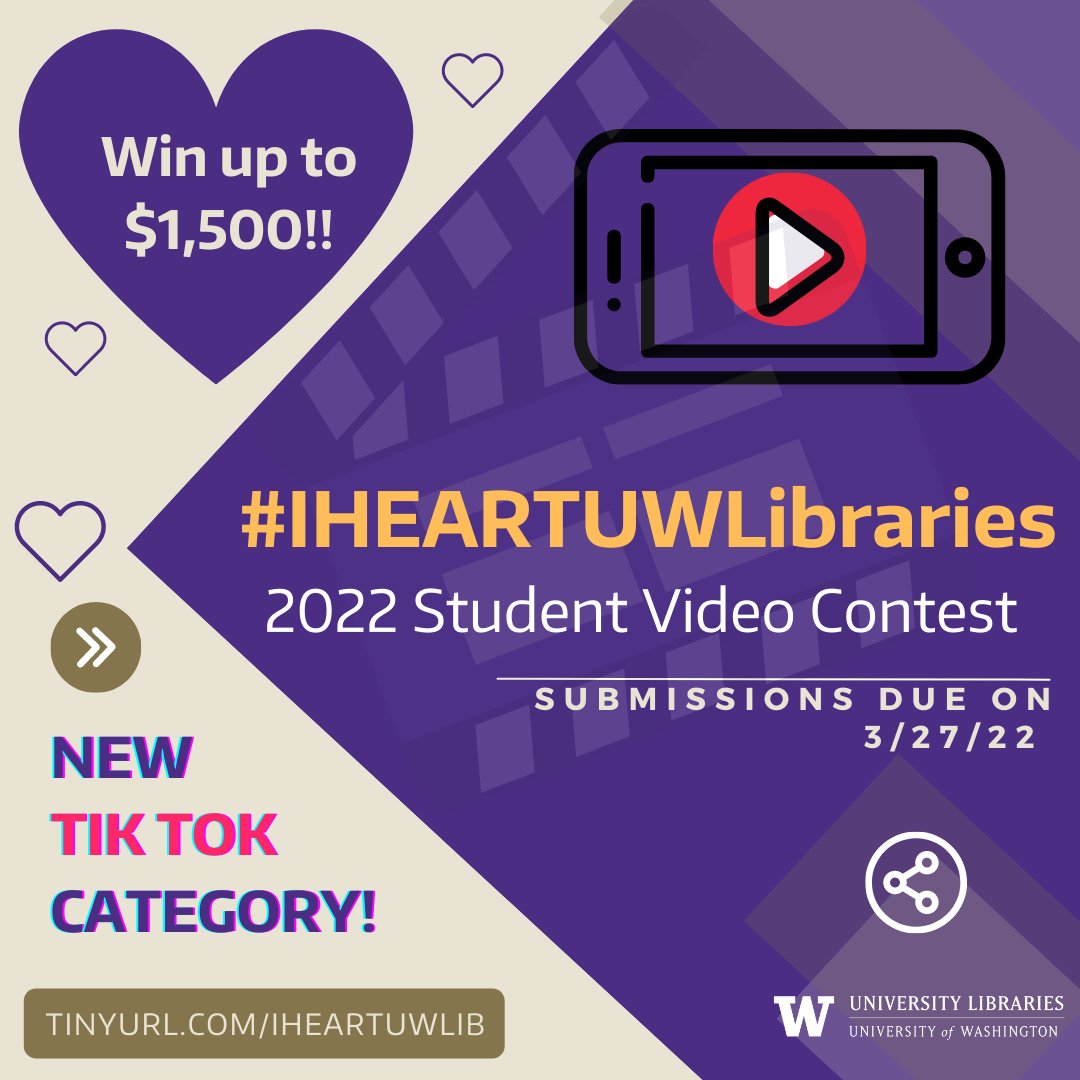 uwlibraries's tweet photo. Due on 3/27! Your video could = $1,500! Share your love for #UWLibraries for a chance to win! ๐๐ https://t.co/m5r6T2CTtF
@uwstudentlife @ASUWSeattle @UW @HUBatUW @UWundergrad @UWGradSchool @thedaily @uofwhfs @UWBothell @uwtacoma @UWITNews @UWalum https://t.co/CtQsbw1KuL
