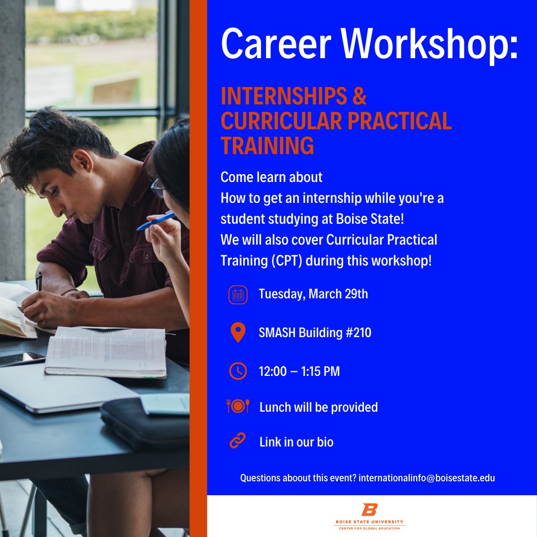 intlbroncos's tweet photo. Career Workshop ✏️

Come learn more about how to get an internship while also covering Circular Practical Training (CPT)!

Lunch will be provided 🍴

🗓 March 29th
🕒 12-1:15 PM
📍 SMASH 210 https://t.co/l0blzQittv