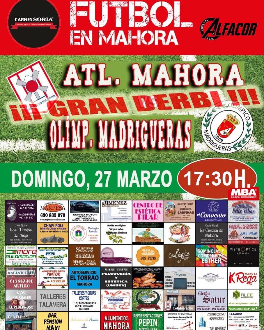 👏 25º JORNADA 👏
🆚 @olimpicomadriguerasoficial 
🗓 27-03-2022
⏰ 17:30
🏟 Jose Terol (Mahora) 

Nos visitan nuestros amigos 😉 
Dos equipos unidos, dos directivas… Y tras el último partido en casa en el año 2015… 
SEMANA DE DERBI, DÍA DE DERBI ⚔️🛡

OS ESPERAMOS  🔴⚫️⚽️💪