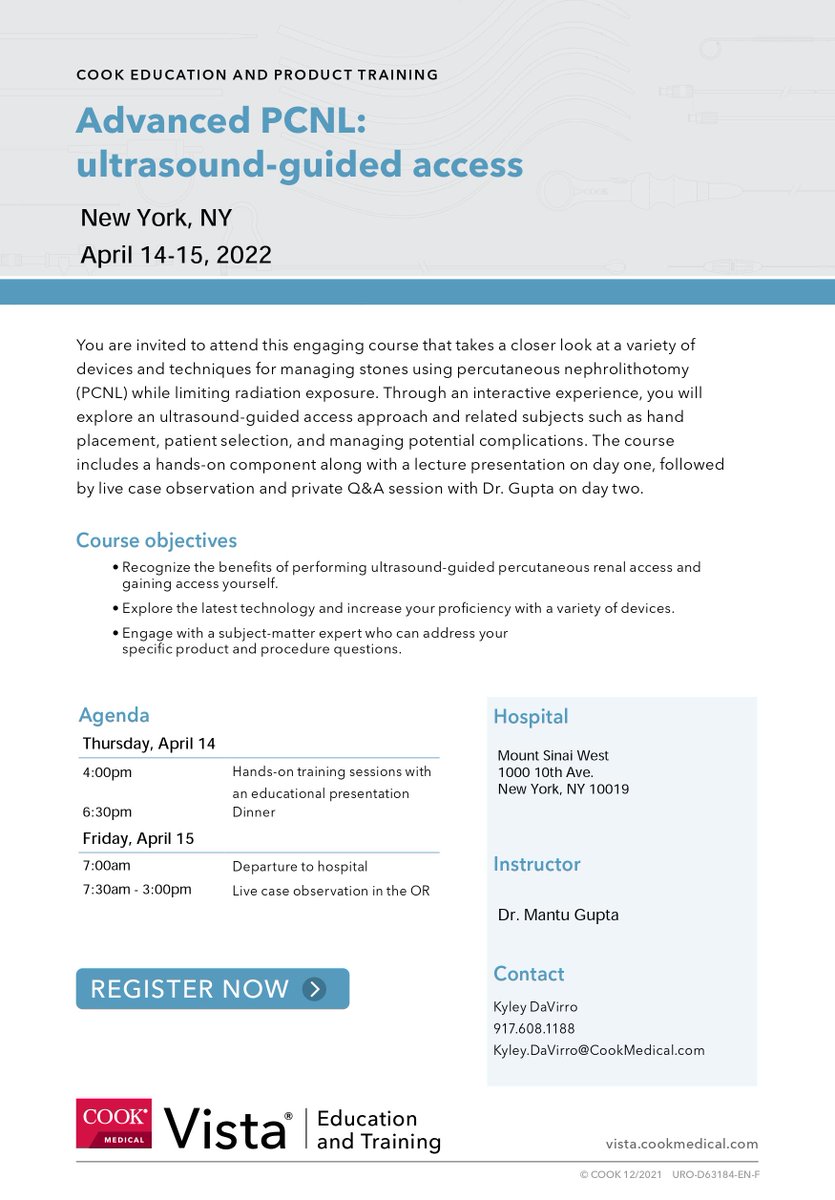 Join <a href="/cookuro/">Tatsu Yama</a> and I on April 14th -15th for a course on ultrasound-guided PCNL access. Limited spots still available!

Register here:
cookevents.com
Code: PCNL67217