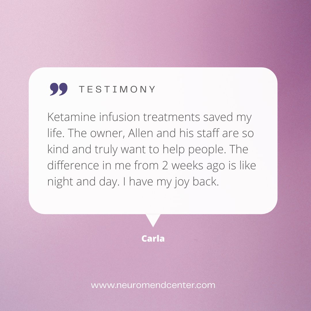 We love hearing our client's success stories! 💓 #NeuroMend are an Evidence-Based Center of Excellence and the leading provider of #KetamineInfusions. 

You can read more success stories on our website. Questions about Ketamine! Ask one of our team members for information today.