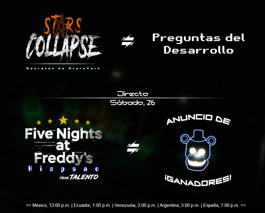 FNAFArmyOffic's tweet image. ¡Éste Sábado, 26 de Marzo mataremos 2 pájaros de 1 tiro! 😎

Responderemos preguntas del chat sobre el desarrollo de #StarsCollapse y al final anunciaremos los ganadores del concurso FNaF Hispano Tiene Talento.

¡Los esperamos! 🤩