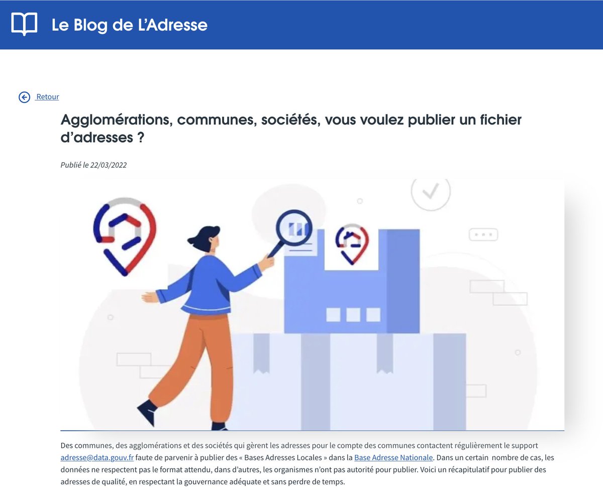 Agglomérations, communes, sociétés, vous voulez publier un fichier d’adresses ? Deux impératifs : respecter le format #BaseAdresseLocale et la #gouvernance des données. Petit récap 👉 adresse.data.gouv.fr/blog/agglomera…