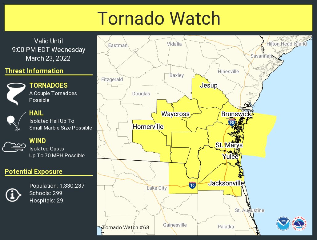 This graphic displays Tornado Watch watch number 68 plotted on a map. The watch is in effect until 9:00 PM EDT. The watch includes parts of Florida and Georgia. The threats associated with this watch are a couple tornadoes possible, isolated hail up to small marble size possible and isolated gusts up to 70 mph possible. There are 1,330,237 person in the watch along with 299 schools and 29 hospitals.