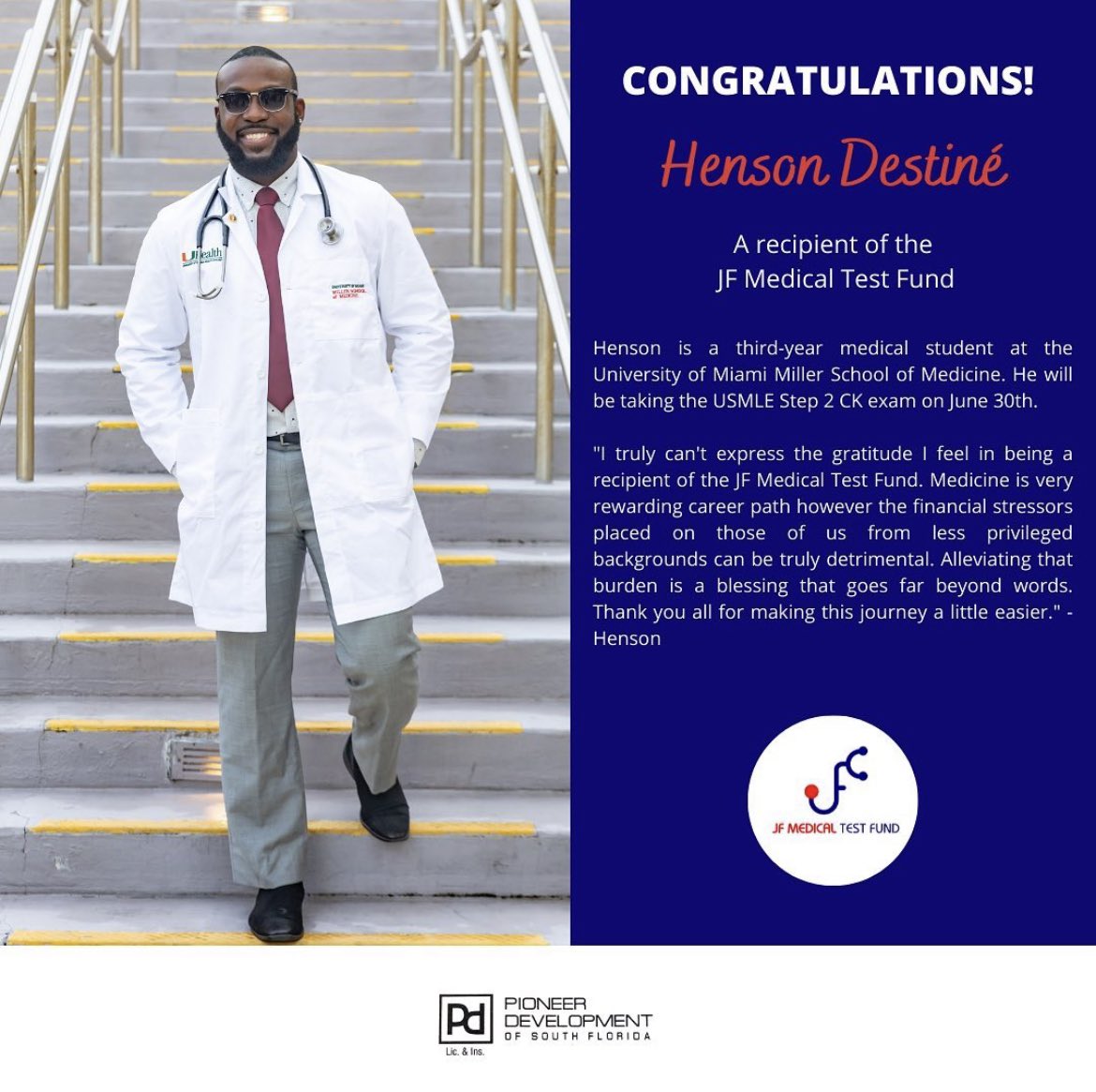 jfmedtestfund's tweet photo. Officially surpassed $20,000! Thank you so much to everyone who has donated thus far. Big congratulations to Henson Destine 🔥 Finish strong! @umiamimedicine #USMLE #MedTwitter #boardexam2022 https://t.co/RC9NSHM0xW