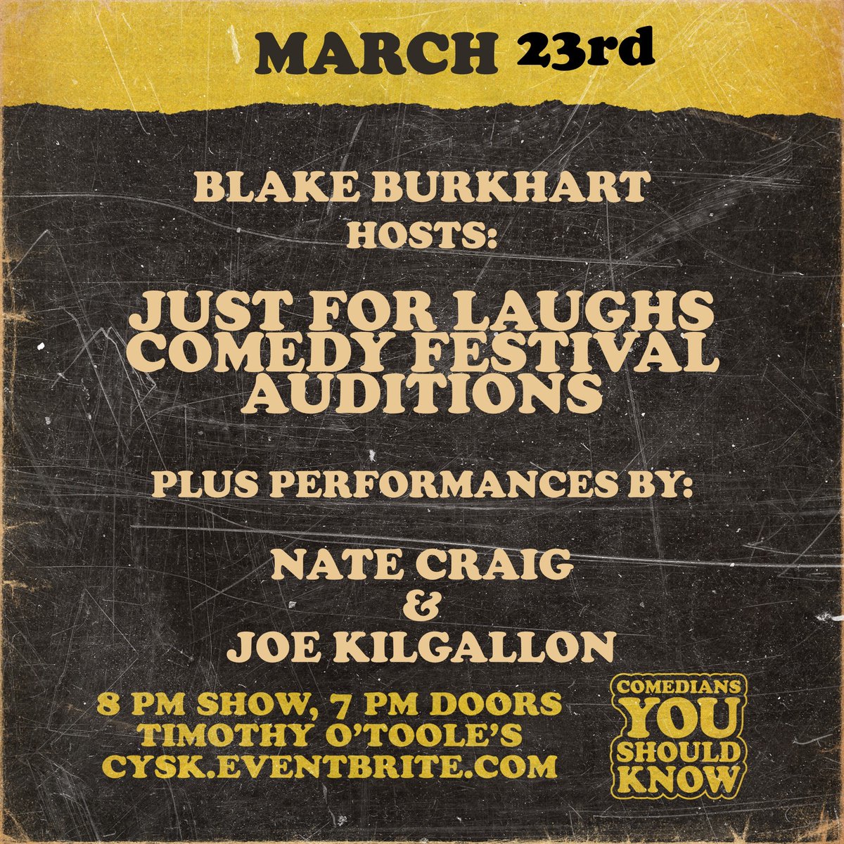 Tonight!

Ten tickets left.
$8 using promo code: TWITTER2
cysk.eventbrite.com

<a href="/BlakeBurkhart/">Blake</a> <a href="/hypeman/">natecraig.com</a> <a href="/joekilgallon/">Joe Kilgallon</a> <a href="/EDGOTJOKES/">Ed Towns</a> <a href="/JonahJurkens/">Jonah Jurkens</a> <a href="/Marc_LeValle/">Marc Laroy LeValle</a> <a href="/jackiecoopah/">jackie cooper</a> <a href="/TimmyOTooles/">Timothy O'Toole's</a>