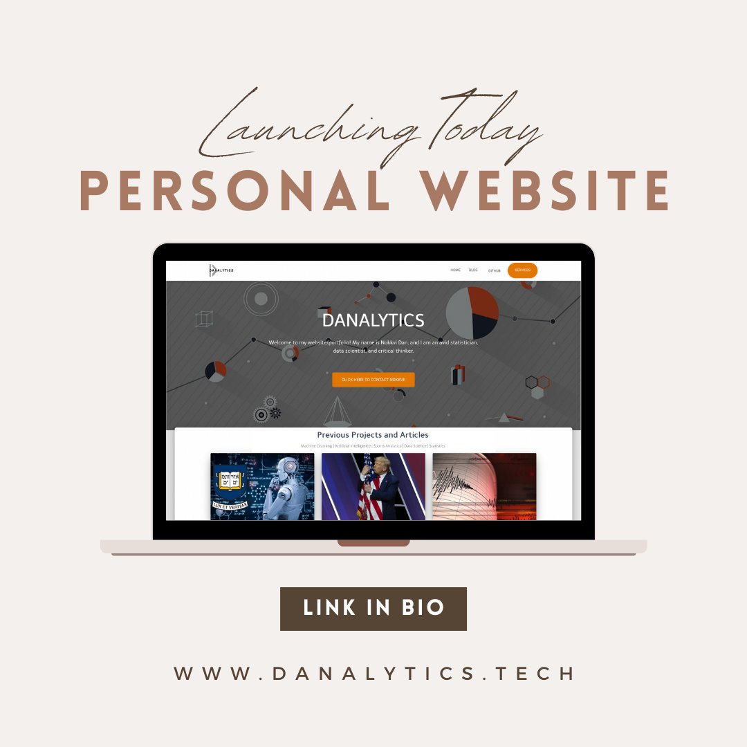 I’m proud to announce that my personal website is now live at danalytics.tech 🚀

I work on Data Science projects and write about those experiences so if you’re interested in #MachineLearning #ArtificialIntelligence or #SportsAnalytics I invite you to check it out! 🙌🏻