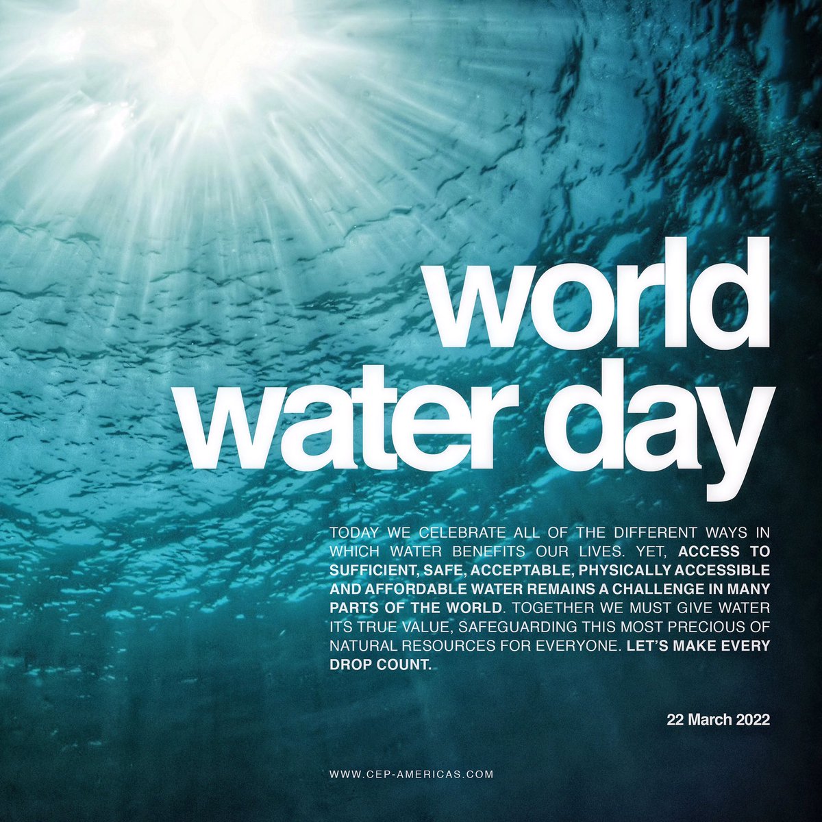 World Water Day - 22 March 2022

Today we celebrate all of the different ways water benefits our lives. Yet, access to safe, accessible and affordable water remains a challenge in many parts of the world. Let's make every drop count. #WorldWaterDay2022 #circulareconomy