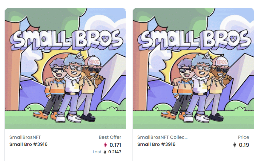 MitchCraft28's tweet photo. @tomweathers11 @SmallBrosNFT Hopefully you use the official link. My NFT has identical number as well. Mine is from SmallBrosNFT_Official (real one, i hope) and the other is SmallBrosNFT_Collection (FAKE) https://t.co/Lp4QMVpmRn
