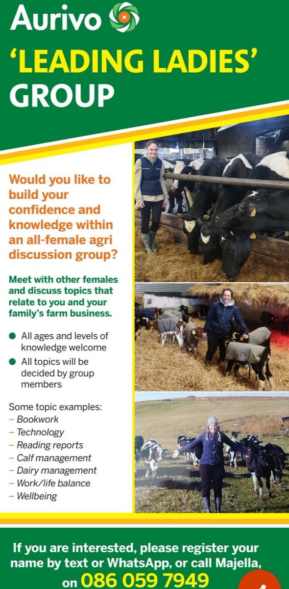 Aurivo are currently recruiting for our "Leading ladies" all women agricultural discussion group in the Nort West.There are no age limits and all levels of knowledge are welcome! Contact Majella details below!
<a href="/teagascmayo/">@TeagascMayo</a> <a href="/TeagascSLD/">Teagasc Sligo Leitrim Donegal</a> <a href="/TeagascRNLD/">Teagasc Roscommon/Longford</a> <a href="/progressivegen/">Progressive Genetics</a> <a href="/farmersjournal/">Irish Farmers Journal</a>