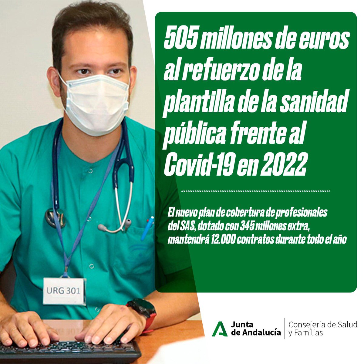 saludand's tweet photo. 👉🏼Andalucía destina 505 millones de euros para los contratos de refuerzo  frente al #COVIDー19 de todos los sanitarios durante 2022.

🥼 🩺 El nuevo plan de cobertura de profesionales del SAS, dotado con 345 millones extra, mantendrá 12.000 contratos durante todo el año. https://t.co/VB6spsRs8M