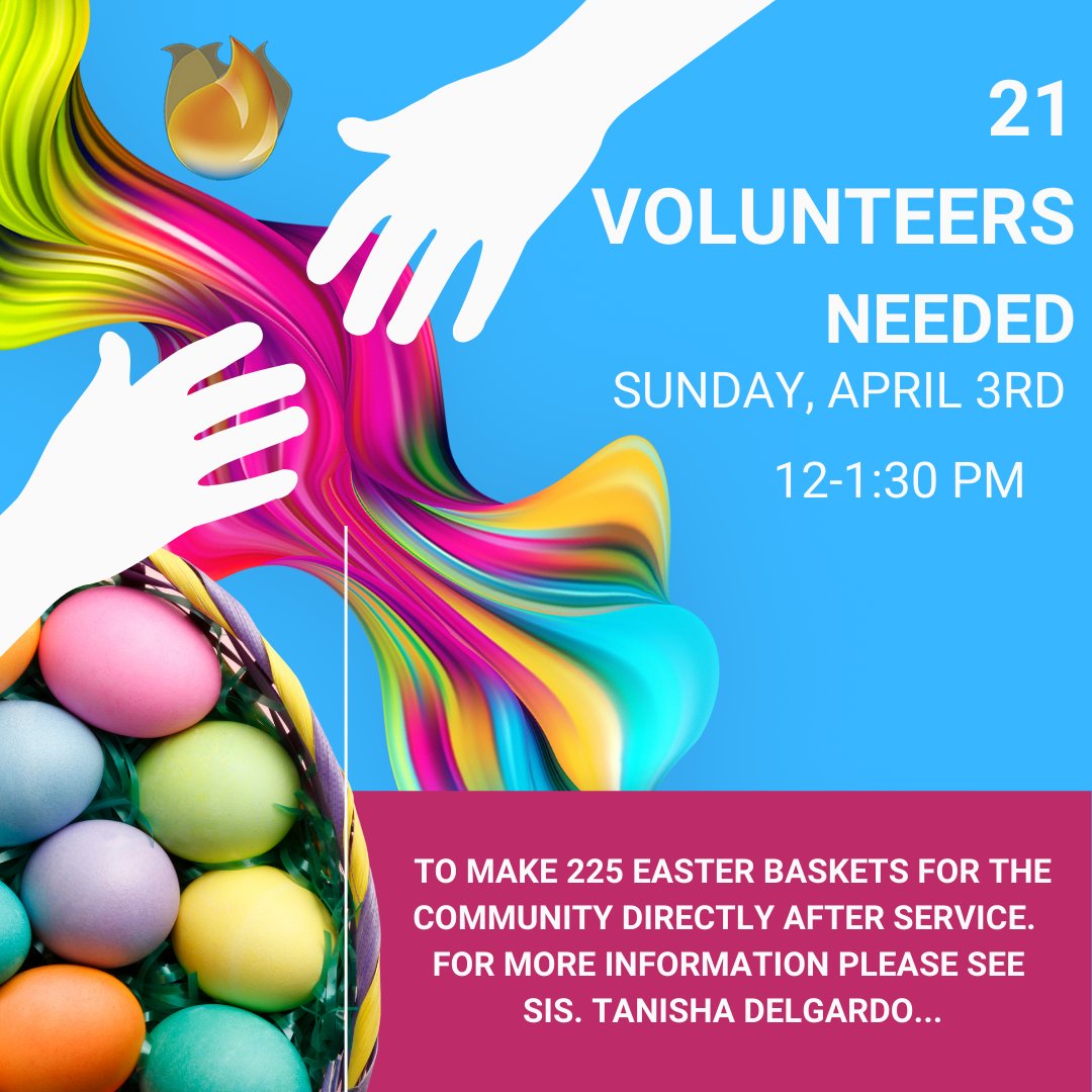 MountCalvaryCC's tweet photo. We need volunteers, please RSVP to Sis. Tanisha Delgardo.  Thank you so much.

#TEAMMCCC 
@RCWitherspoon
 #COGIC #GodsLove #BiblicalTransformation 
@LauraWitherspo6
 #COGIC #COGICEvents #Easter2022 #GodsLoveisReal https://t.co/1vjxIb0FK6