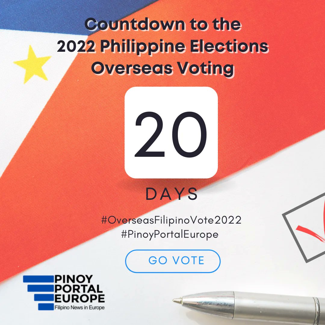 PinoyPortalEU's tweet photo. It's 20 days to go before you can vote in the 2022 Philippine elections. 
Vote wisely!

#MigrantVoteMatters
#OverseasFilipinoVote2022
#PinoyPortalEurope https://t.co/wQn2r1vlkP