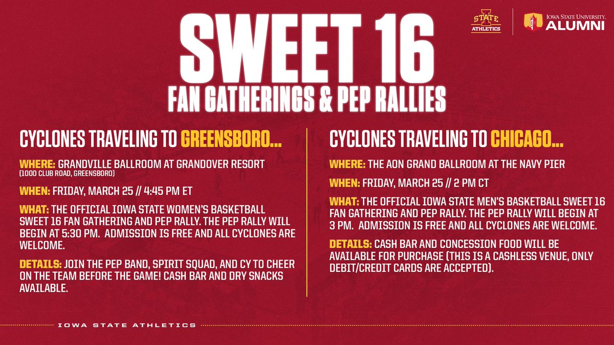 Both the men's and women's Cyclone basketball teams are dancing into the Sweet 16, and the ISU Alumni Association has all the info you need to cheer them on to the Elite Eight! 

#CyclonesEverywhere