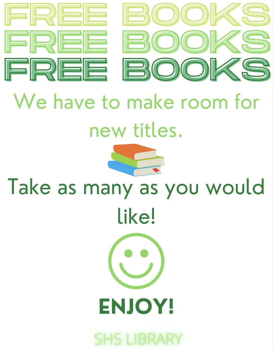 SaralandHSLib's tweet photo. We have weeded our FICTION section to make room for new books! Come to the library &amp; get as many FREE BOOKS as you would like! #readingisfreefun #freebooks https://t.co/5vz9nP9JTM
