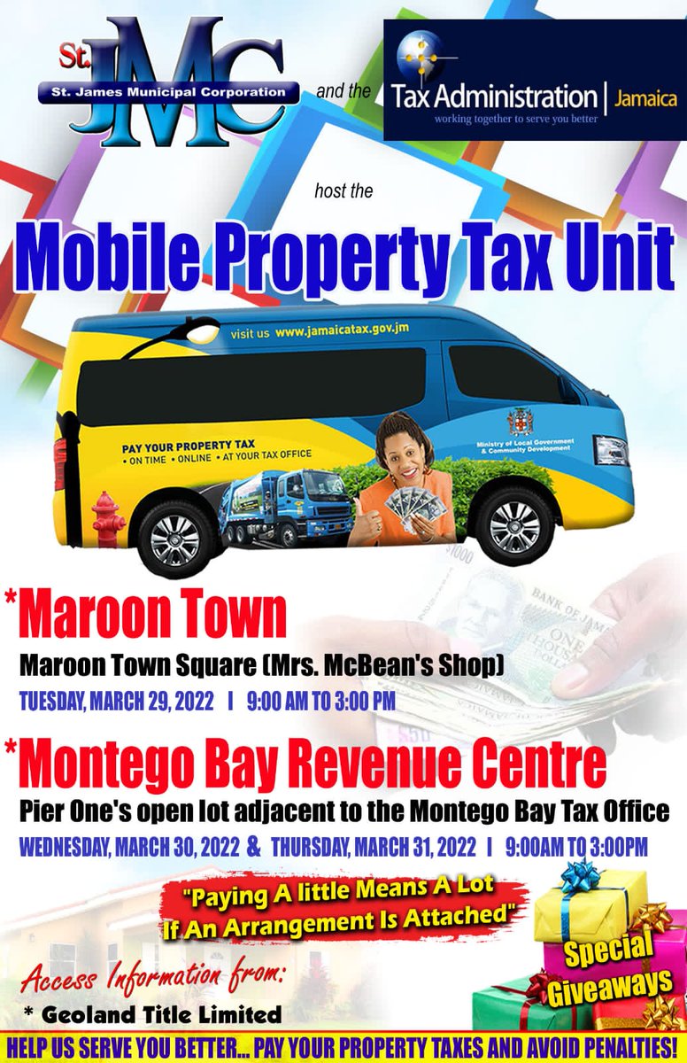 JamaicaTax's tweet photo. PROPERTY OWNERS! look out for #PropTaxMOBILE in your community (9am-3pm). Do business with Credit/Debit Cards. Call 888.829.4357 for details.
@StJMCorporation @LocalGovJa @realtorsjamaica @TheNHT @MOFJamaica @RetirementJA https://t.co/AFiVc4DUm9