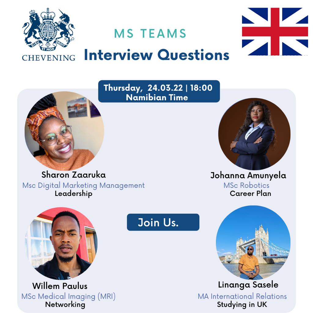 UKinNamibia's tweet photo. 📌🌟Prepping for your upcoming #Cheveninginterview? Join current Chevening scholars in a panel discussion crafted to help you ace your interview and put your best foot forward.   

Session takes place 24/03/2022 at 18:00 Namibian time !! https://t.co/uEs9IsHCUq