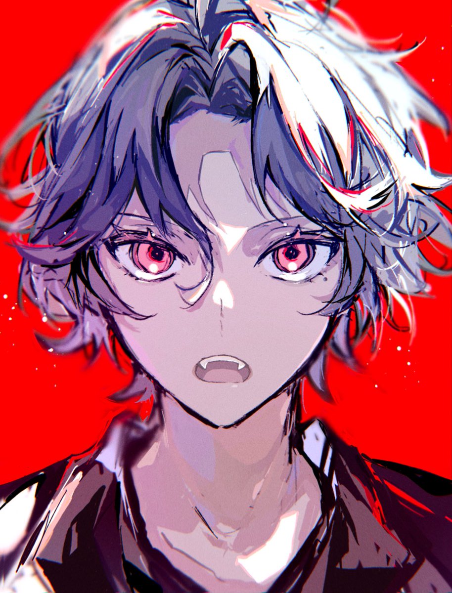 1boy male focus red background solo open mouth looking at viewer red eyes  illustration images