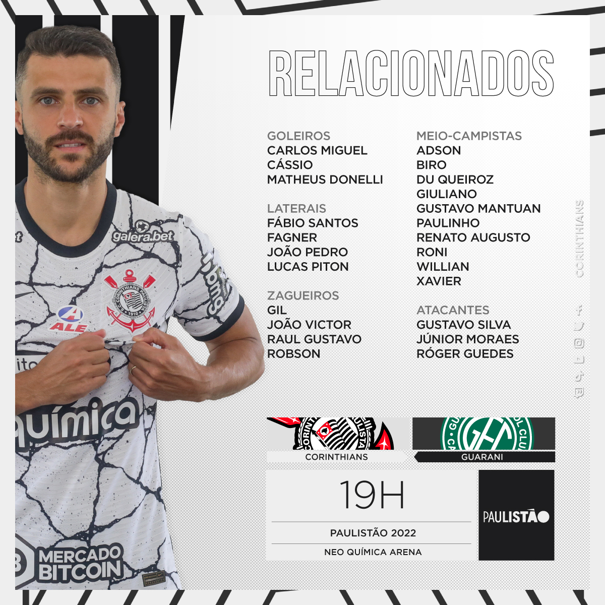 Para a partida, o @Corinthians conta com novidade! 

O centroavante Júnior Moraes pode fazer sua estreia, após ser anunciada a sua contratação na semana passada.
 
O jogador já pôde ser inscrito para a fase eliminatória e final do Paulistão. 

#NeoArenaENM 
