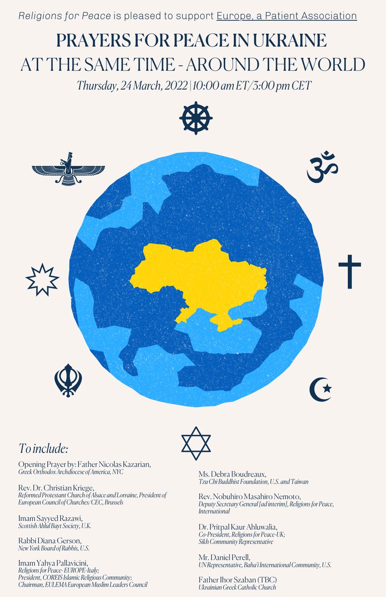 Tomorrow, Thursday, March 24, 2022 join "A Call to Join a Multi-Religious Prayer and Share a Moment of Silence Together: Envisioning Peace in Ukraine" in which people of different faiths and backgrounds will #PrayforUkraine.

🗓️24 March, 2022
⏰10 AM EST
🔗bit.ly/3tqT2ZY