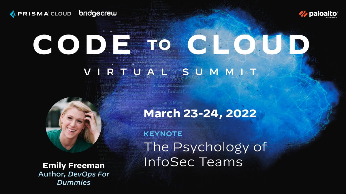 bridgecrewio's tweet photo. You won't want to miss @editingemily's closing #CodeToCloudSummit keynote, The Psychology of #InfoSec Teams 🧠
Watch on the Main Stage in 1️⃣5️⃣ minutes! https://t.co/Bek63INwbr https://t.co/4UM1Zutzn0