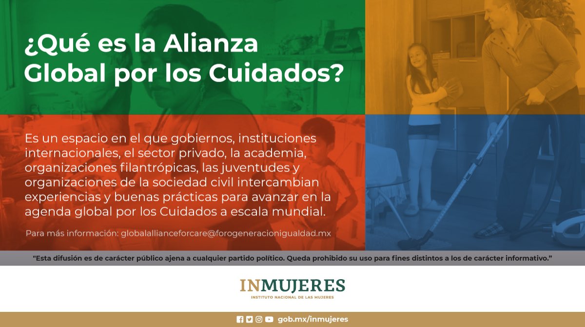 ¿Ya conoces la Alianza Global por los Cuidados? Te invitamos a saber más sobre esta iniciativa lanzada por el <a href="/GobiernoMX/">Gobierno de México</a> , en conjunto con, <a href="/ONUMujeresMX/">ONU Mujeres México</a> para avanzar en la agenda global por los cuidados y así construir sociedades más corresponsables e igualitarias.